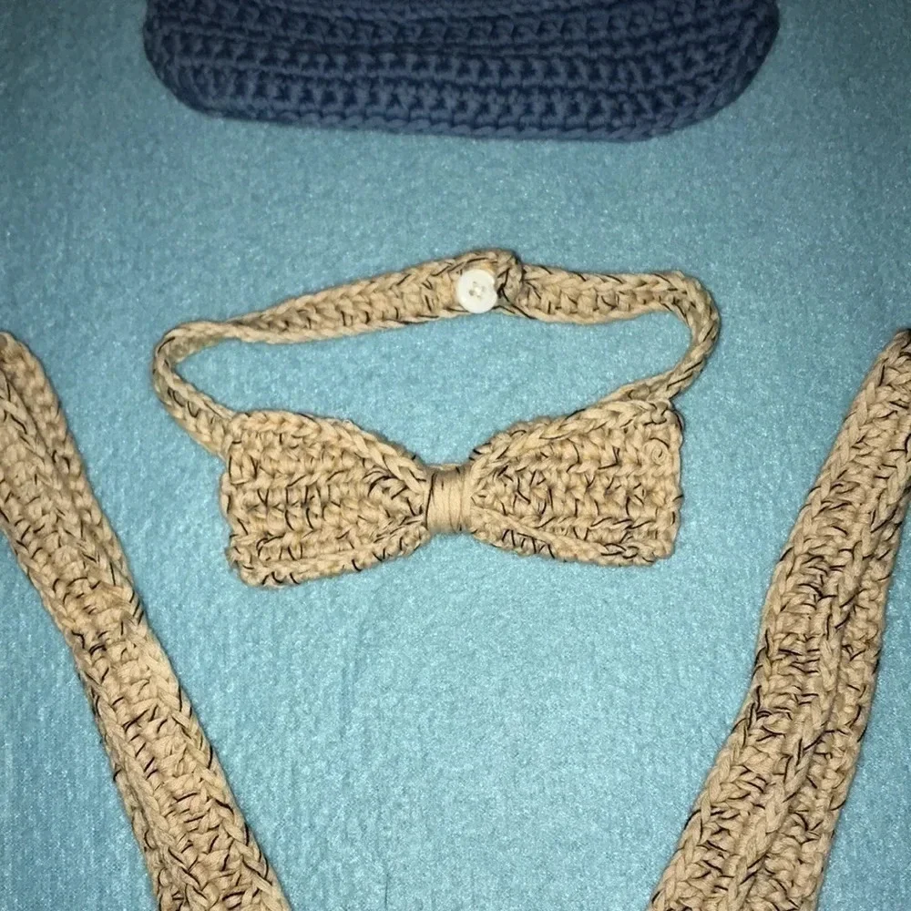 HANDMADE CROCHETED hat,matching bottoms suspenders and bow tie size 3-6 months